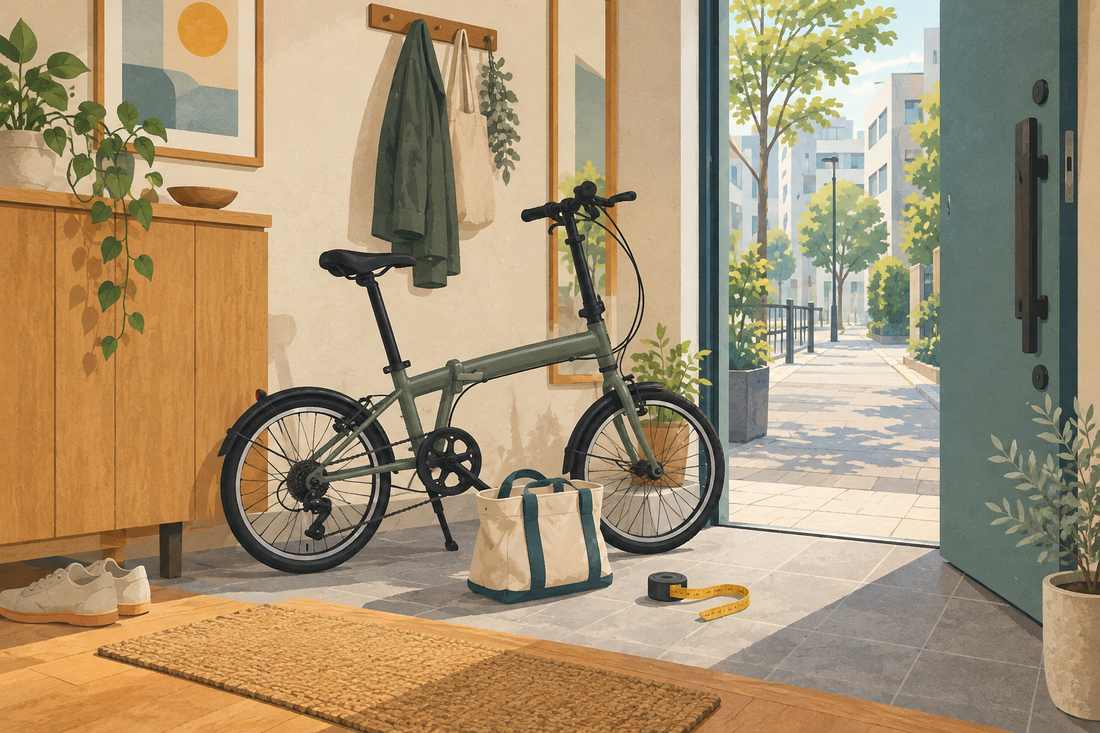 玄関に置かれた小径自転車とメジャーのイラスト