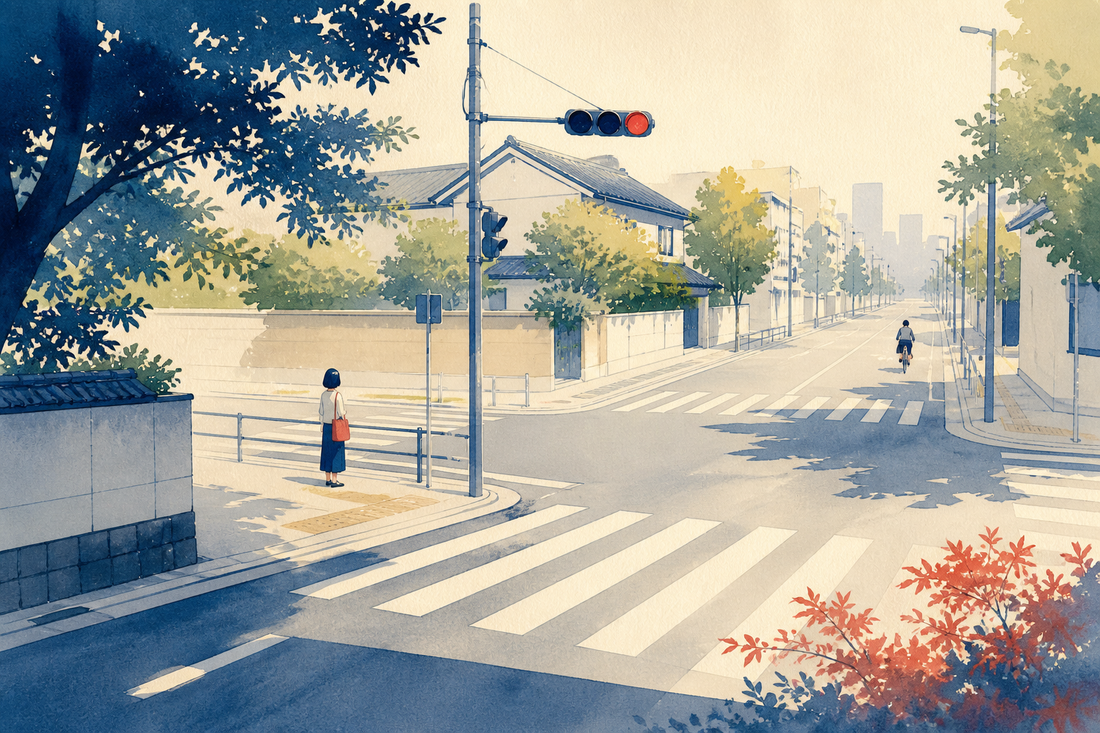 信号と横断歩道のある街角で安全に通行する自転車利用者を描いたイラスト