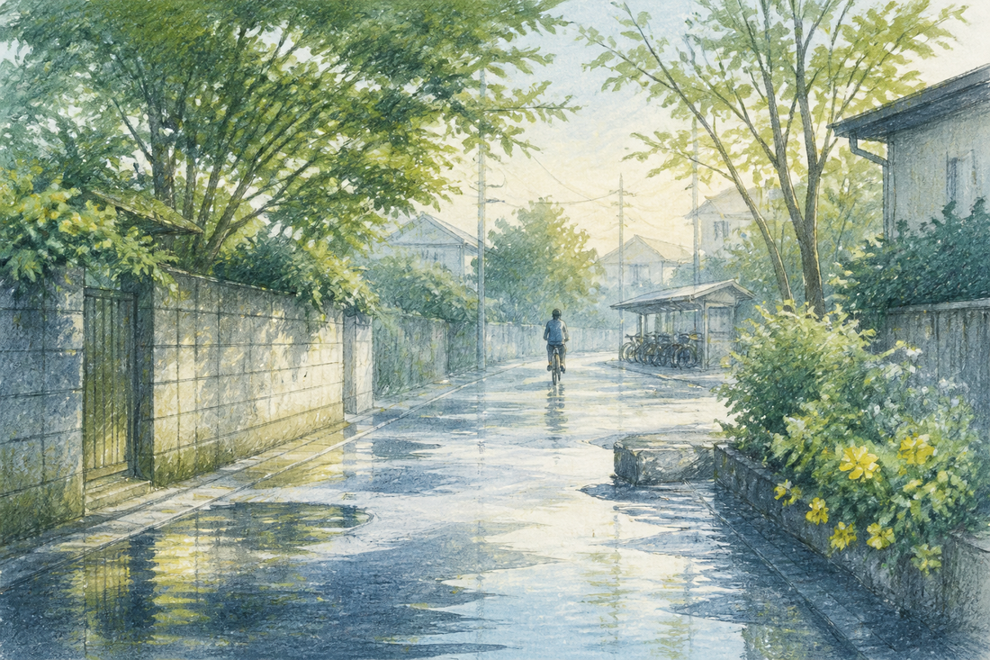 雨上がりの住宅街を自転車で移動する様子を描いた水彩イラスト