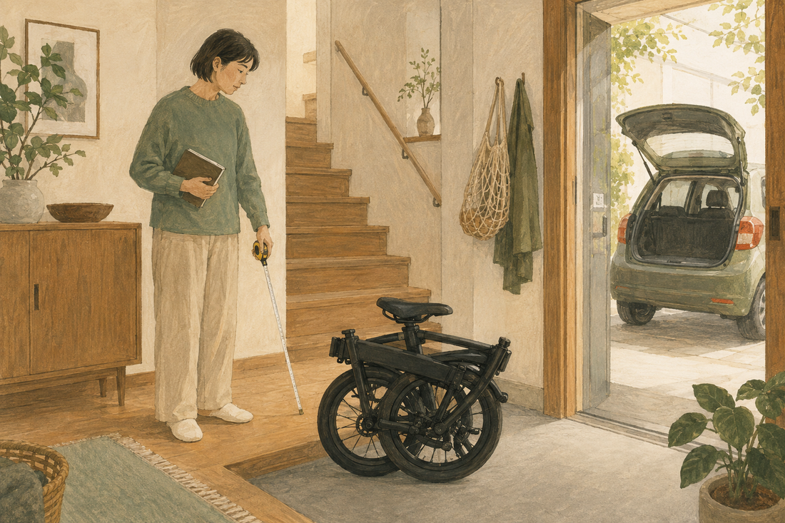 玄関でメジャーを持つ人、階段、折りたたみ自転車、車の荷室を描いたAI制作の生活場面イメージ