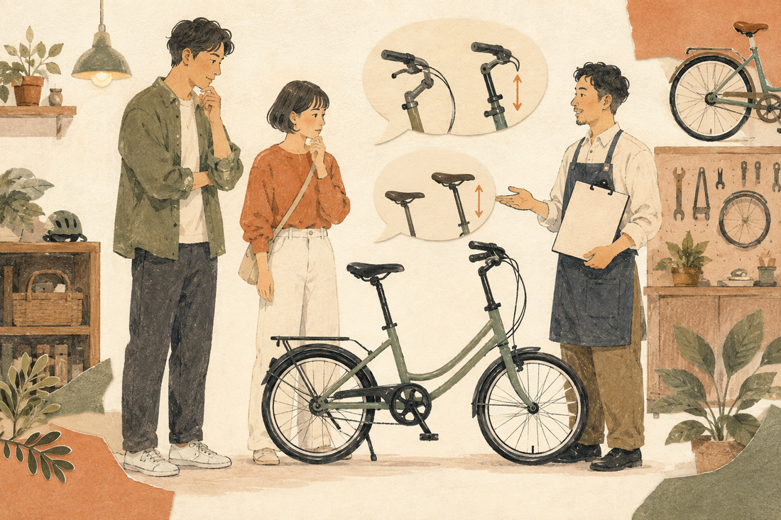 自転車店でハンドル位置と乗車姿勢を相談する場面のイラスト。実在の製品や利用者を示すものではありません。