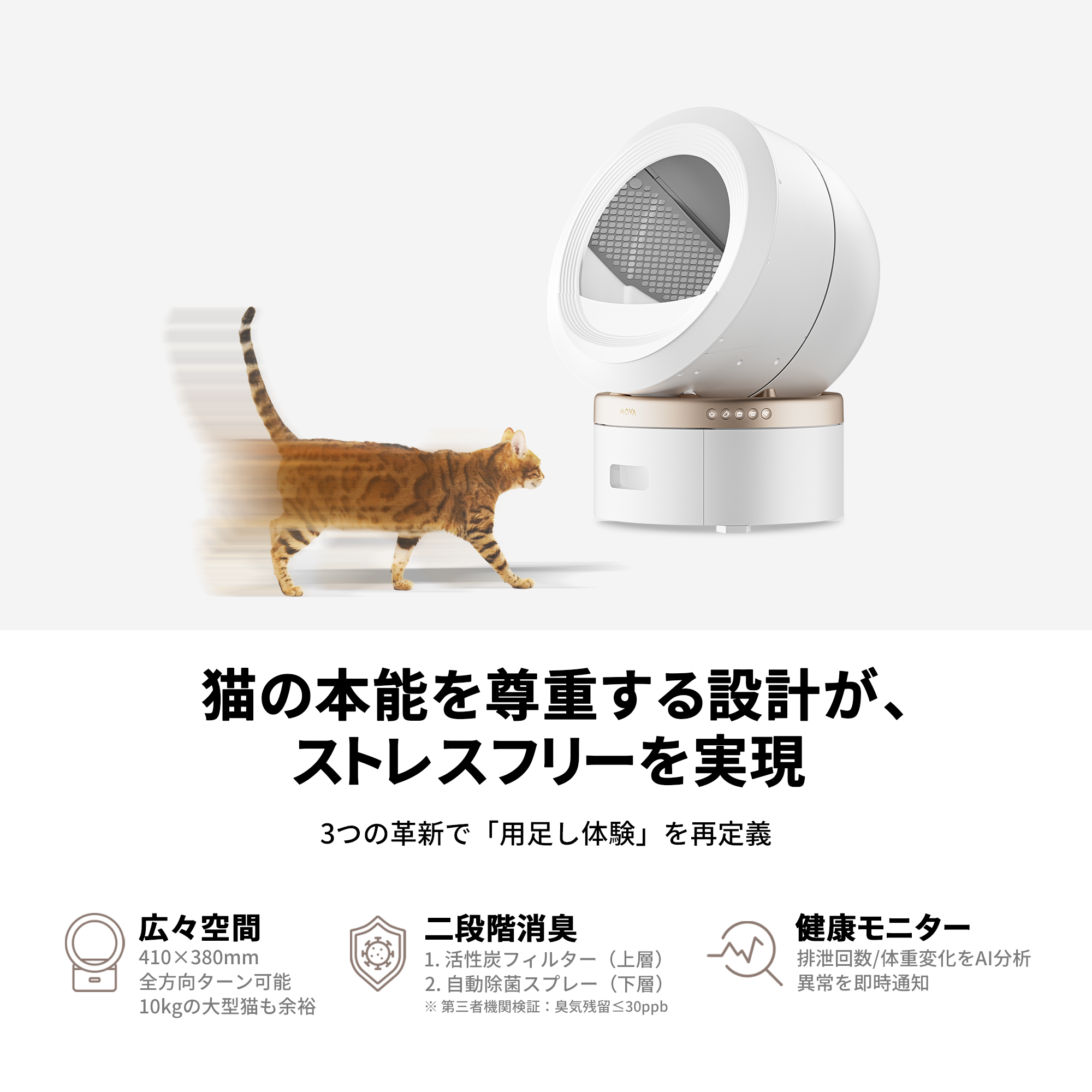 MOVA日本初上陸！スマート消臭猫トイレ 15日間お手入れ不要・二段階消