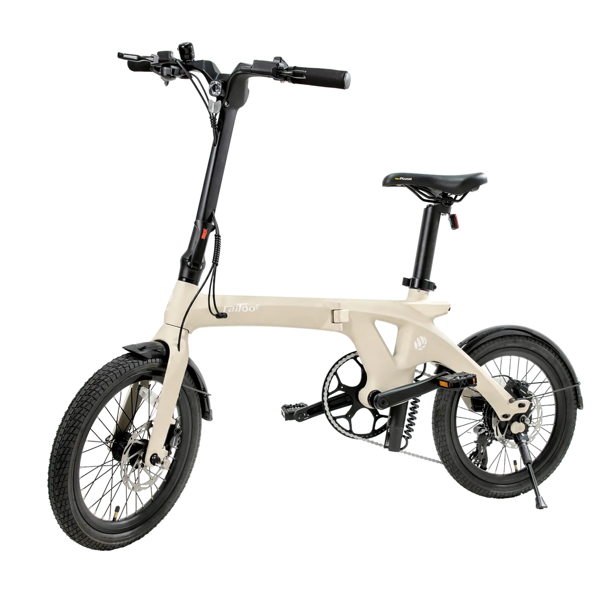 白背景で側面から見た折りたたみ電動アシスト自転車