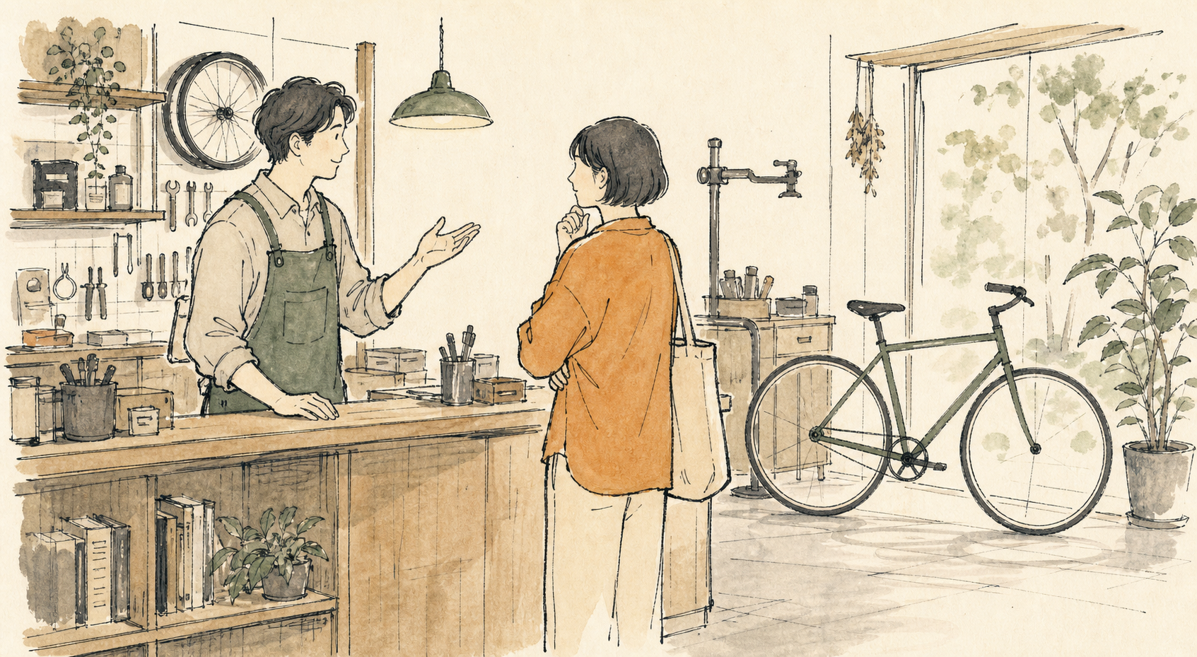 自転車店で車体への部品取付について相談する様子を描いたイラスト
